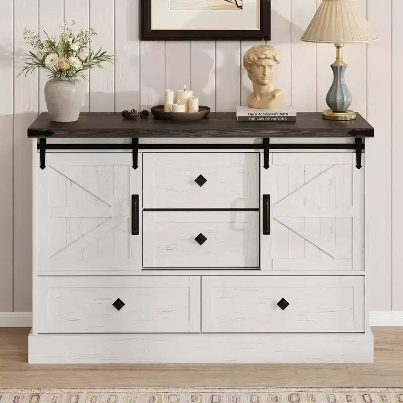 Commode de ferme pour chambre à coucher avec 4 tiroirs et portes coulissantes style grange, commode de rangement, meuble TV rustique avec étagère, organisateur pour salon, entrée