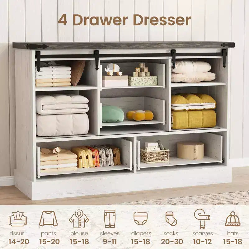 Commode de ferme pour chambre à coucher avec 4 tiroirs et portes coulissantes style grange, commode de rangement, meuble TV rustique avec étagère, organisateur pour salon, entrée