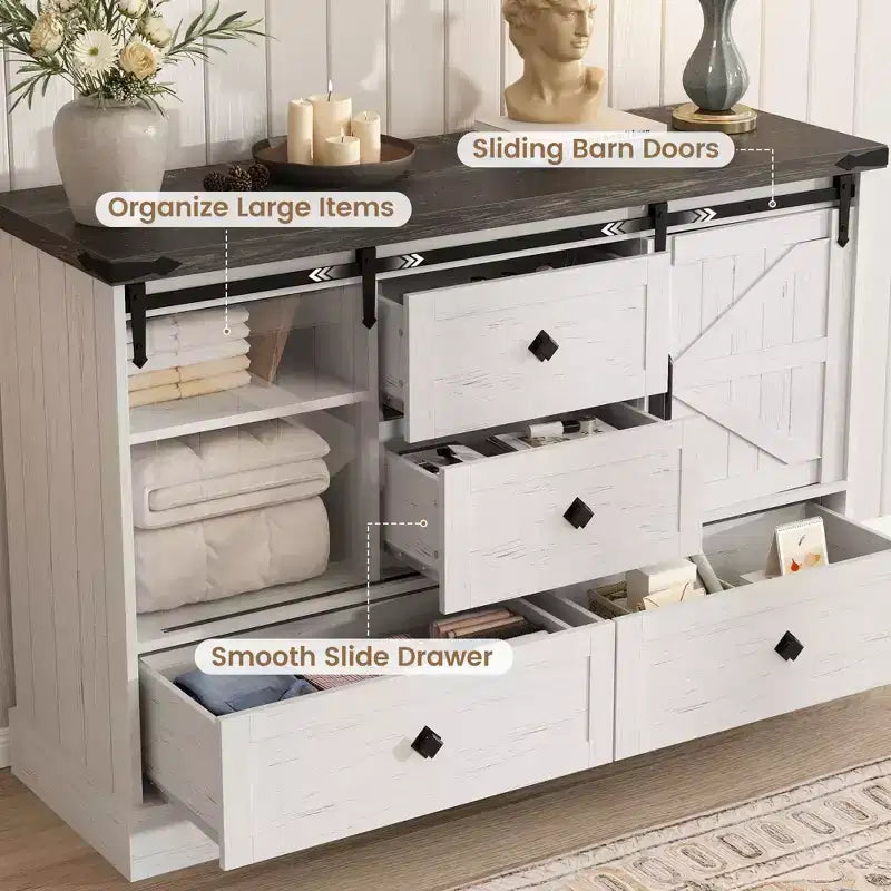 Commode de ferme pour chambre à coucher avec 4 tiroirs et portes coulissantes style grange, commode de rangement, meuble TV rustique avec étagère, organisateur pour salon, entrée