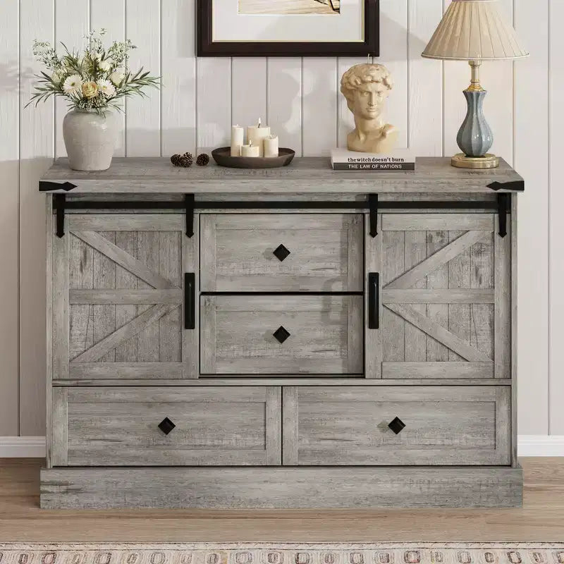 Commode de ferme pour chambre à coucher avec 4 tiroirs et portes coulissantes style grange, commode de rangement, meuble TV rustique avec étagère, organisateur pour salon, entrée
