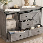 Commode de ferme pour chambre à coucher avec 4 tiroirs et portes coulissantes style grange, commode de rangement, meuble TV rustique avec étagère, organisateur pour salon, entrée