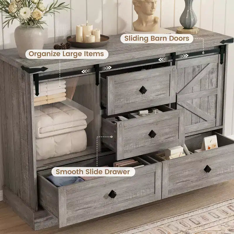 Commode de ferme pour chambre à coucher avec 4 tiroirs et portes coulissantes style grange, commode de rangement, meuble TV rustique avec étagère, organisateur pour salon, entrée