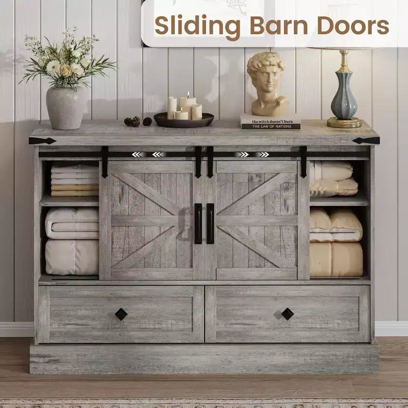Commode de ferme pour chambre à coucher avec 4 tiroirs et portes coulissantes style grange, commode de rangement, meuble TV rustique avec étagère, organisateur pour salon, entrée