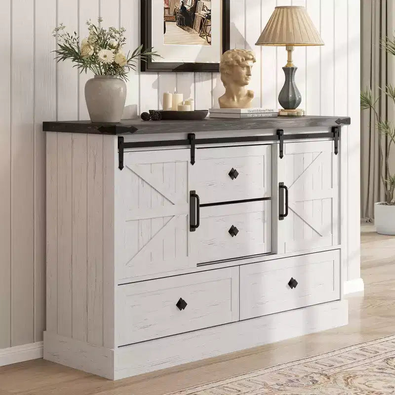 Commode de ferme pour chambre à coucher avec 4 tiroirs et portes coulissantes style grange, commode de rangement, meuble TV rustique avec étagère, organisateur pour salon, entrée