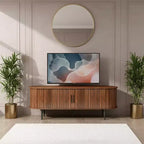 Homy Casa Modern Oval Walnut TV Stand with Fluted Doors and Storage Cabinets for Living Room, Walnut