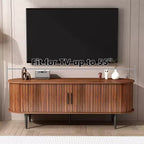 Meuble TV ovale moderne en noyer avec portes cannelées et placards de rangement pour le salon, Noyer