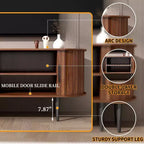 Meuble TV ovale moderne en noyer avec portes cannelées et placards de rangement pour le salon, Noyer