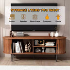 Meuble TV ovale moderne en noyer avec portes cannelées et placards de rangement pour le salon, Noyer