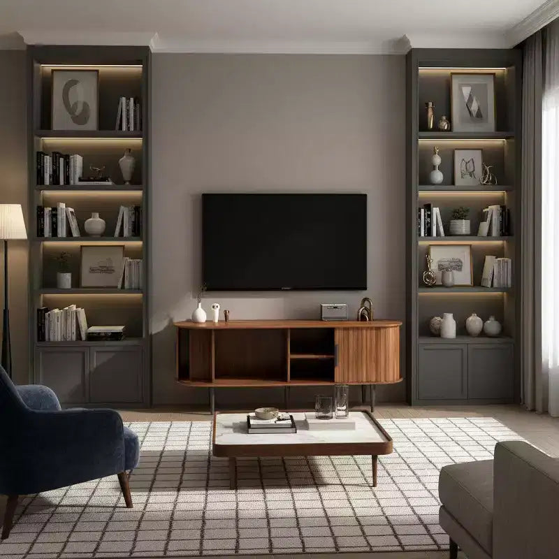 Meuble TV ovale moderne en noyer avec portes cannelées et placards de rangement pour le salon, Noyer