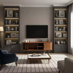 Meuble TV ovale moderne en noyer avec portes cannelées et placards de rangement pour le salon, Noyer