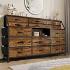 Commode en Tissu de 55" de Large avec Poche Latérale, 14 Tiroirs et Étagères, Cadre Robuste, Plateau en Bois