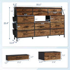Commode en Tissu de 55" de Large avec Poche Latérale, 14 Tiroirs et Étagères, Cadre Robuste, Plateau en Bois
