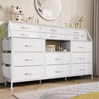 Commode en Tissu de 55" de Large avec Poche Latérale, 14 Tiroirs et Étagères, Cadre Robuste, Plateau en Bois