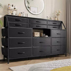 Commode en Tissu de 55" de Large avec Poche Latérale, 14 Tiroirs et Étagères, Cadre Robuste, Plateau en Bois