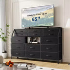 Commode en Tissu de 55" de Large avec Poche Latérale, 14 Tiroirs et Étagères, Cadre Robuste, Plateau en Bois