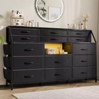55 W Fabric Dresser with Side Pocket, 14 Drawers and Shelves, Sturdy Frame, Wood Top