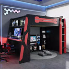 Bellemave Full Loft Bed with Desk, Storage Shelves, Light & Charging Station, Wood Gaming Bed for Teens & Adults, No Box Spring Needed