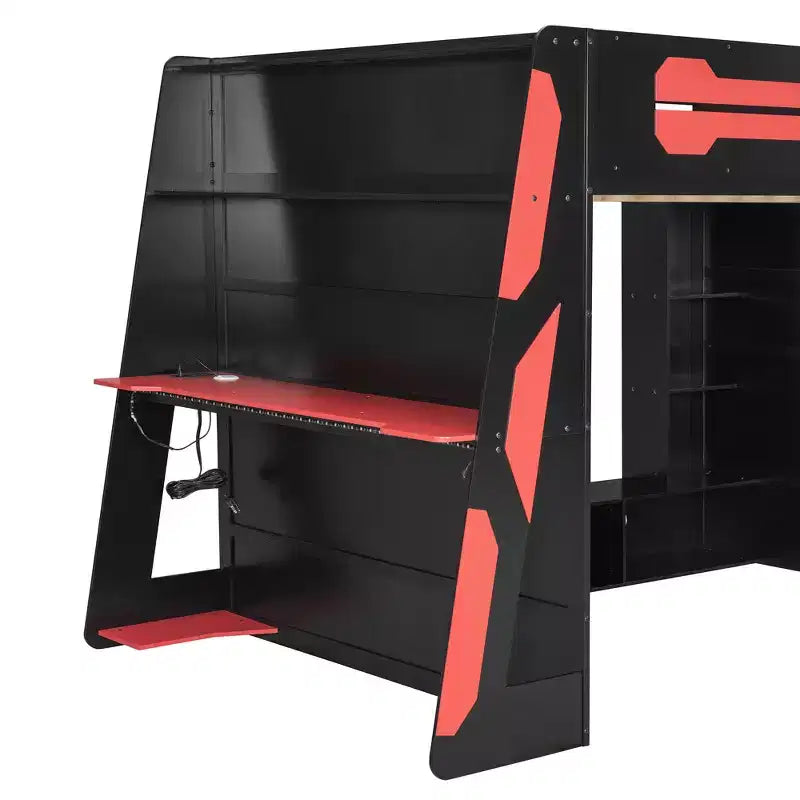 Lit mezzanine double avec bureau, étagères de rangement, éclairage et station de charge, lit de jeu en bois pour adolescents et adultes, aucun sommier tapissier requis