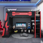 Lit mezzanine double avec bureau, étagères de rangement, éclairage et station de charge, lit de jeu en bois pour adolescents et adultes, aucun sommier tapissier requis
