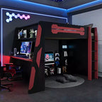 Lit mezzanine double avec bureau, étagères de rangement, éclairage et station de charge, lit de jeu en bois pour adolescents et adultes, aucun sommier tapissier requis