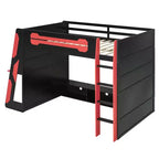 Lit mezzanine double avec bureau, étagères de rangement, éclairage et station de charge, lit de jeu en bois pour adolescents et adultes, aucun sommier tapissier requis