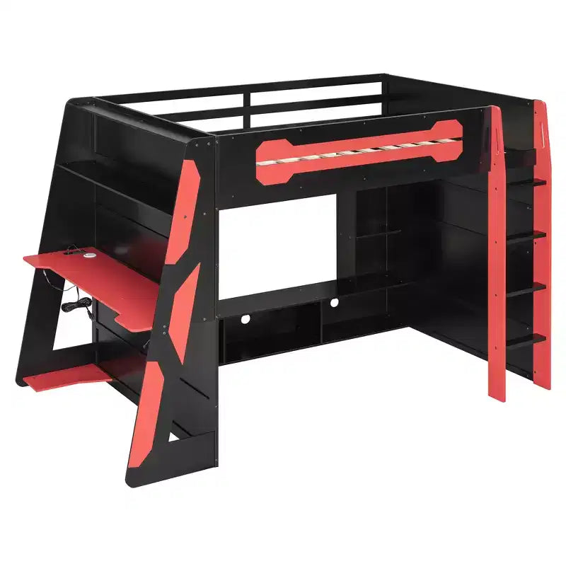 Lit mezzanine double avec bureau, étagères de rangement, éclairage et station de charge, lit de jeu en bois pour adolescents et adultes, aucun sommier tapissier requis