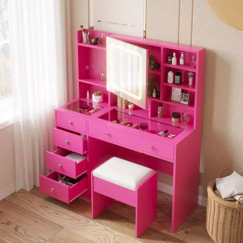 Coiffeuse 5 tiroirs avec plateau en verre trempé en aggloméré rose laminé de mélamine texturée