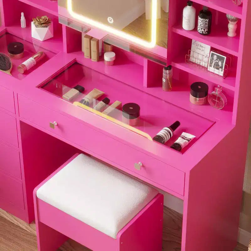 Coiffeuse 5 tiroirs avec plateau en verre trempé en aggloméré rose laminé de mélamine texturée
