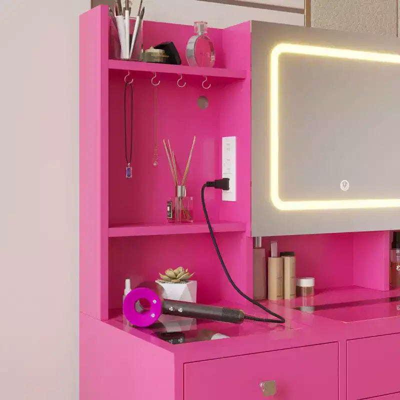 Coiffeuse 5 tiroirs avec plateau en verre trempé en aggloméré rose laminé de mélamine texturée