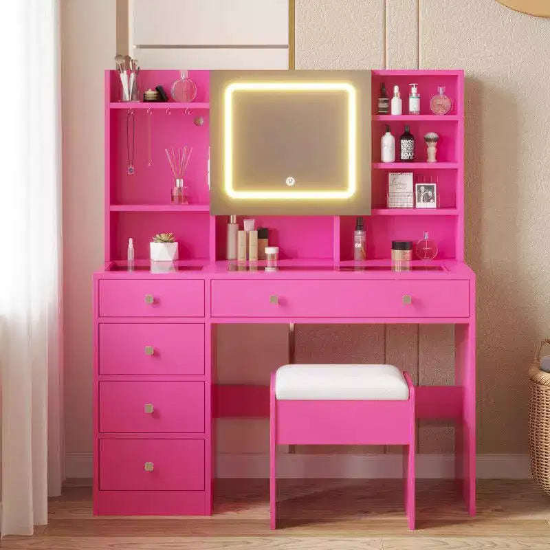 Coiffeuse 5 tiroirs avec plateau en verre trempé en aggloméré rose laminé de mélamine texturée