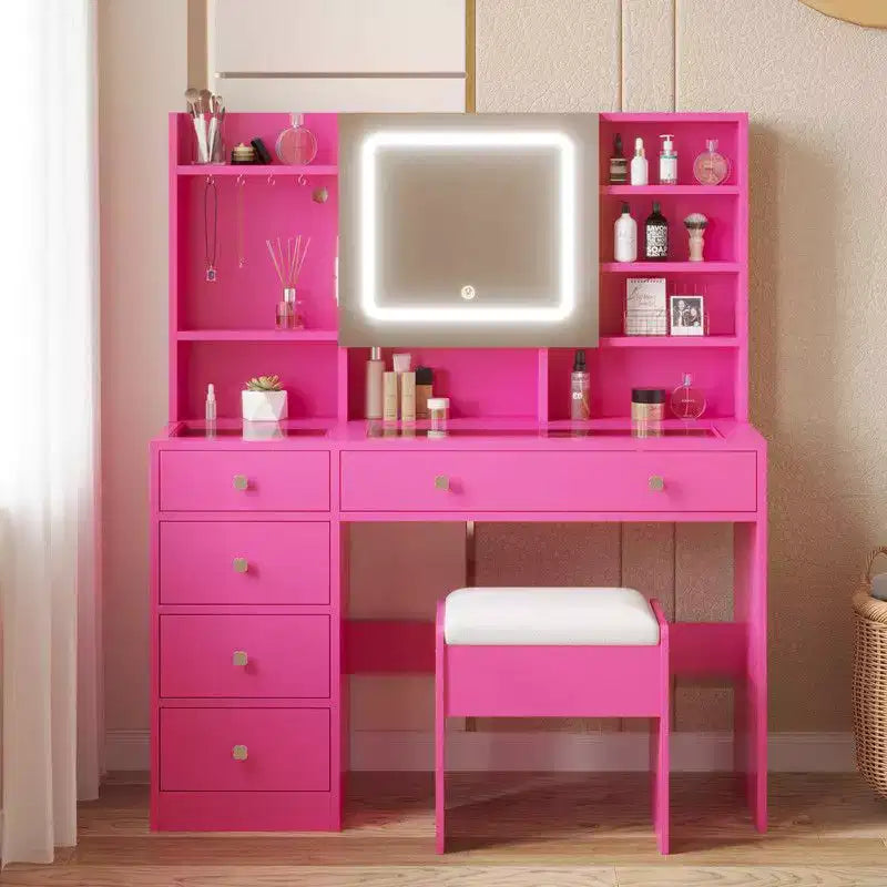 Coiffeuse 5 tiroirs avec plateau en verre trempé en aggloméré rose laminé de mélamine texturée