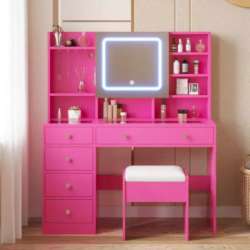 Coiffeuse 5 tiroirs avec plateau en verre trempé en aggloméré rose laminé de mélamine texturée