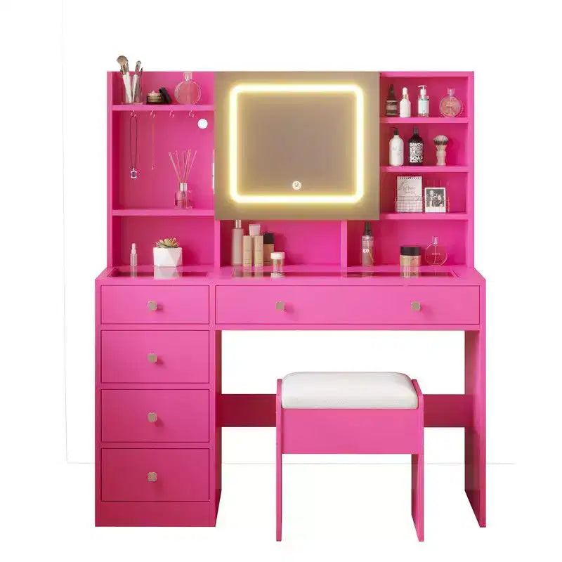 Coiffeuse 5 tiroirs avec plateau en verre trempé en aggloméré rose laminé de mélamine texturée