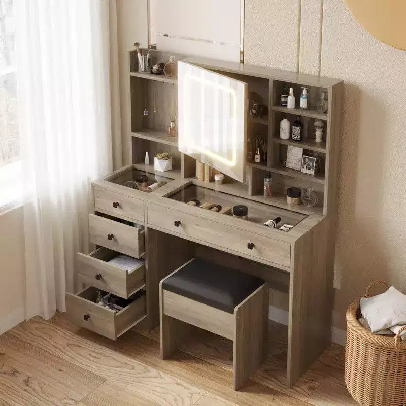 Coiffeuse 5 tiroirs avec plateau en verre trempé en aggloméré rose laminé de mélamine texturée