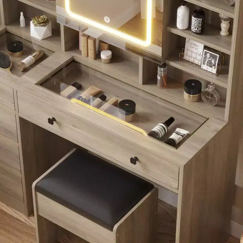Coiffeuse 5 tiroirs avec plateau en verre trempé en aggloméré rose laminé de mélamine texturée