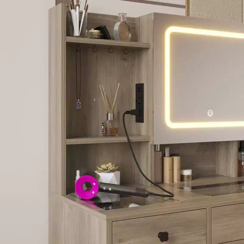 Coiffeuse 5 tiroirs avec plateau en verre trempé en aggloméré rose laminé de mélamine texturée