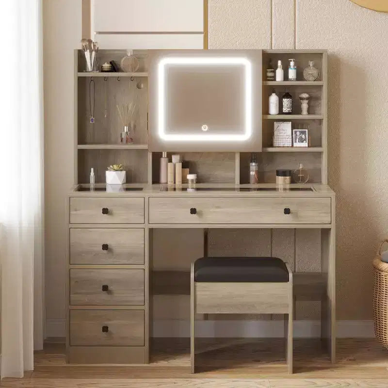 Coiffeuse 5 tiroirs avec plateau en verre trempé en aggloméré rose laminé de mélamine texturée