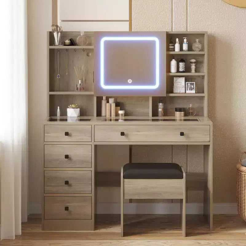 Coiffeuse 5 tiroirs avec plateau en verre trempé en aggloméré rose laminé de mélamine texturée