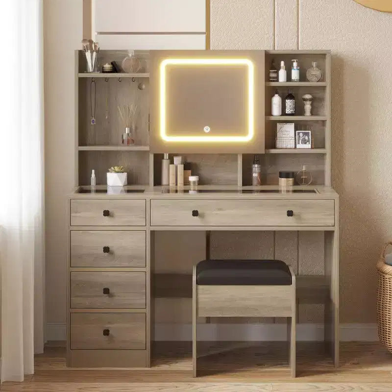 Coiffeuse 5 tiroirs avec plateau en verre trempé en aggloméré rose laminé de mélamine texturée