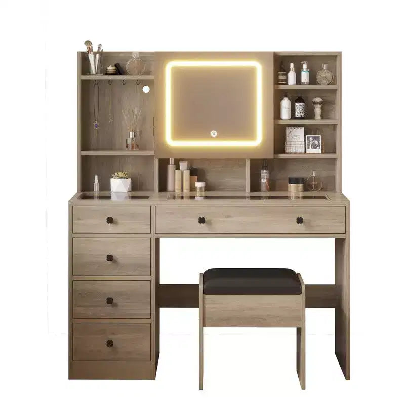 Coiffeuse 5 tiroirs avec plateau en verre trempé en aggloméré rose laminé de mélamine texturée