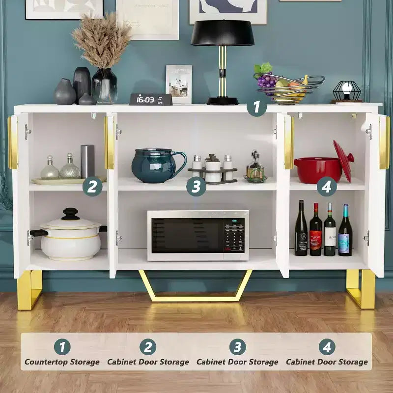 Buffet Bahut Meuble de Rangement 152cm avec Étagère Réglable, 4 Portes, Blanc