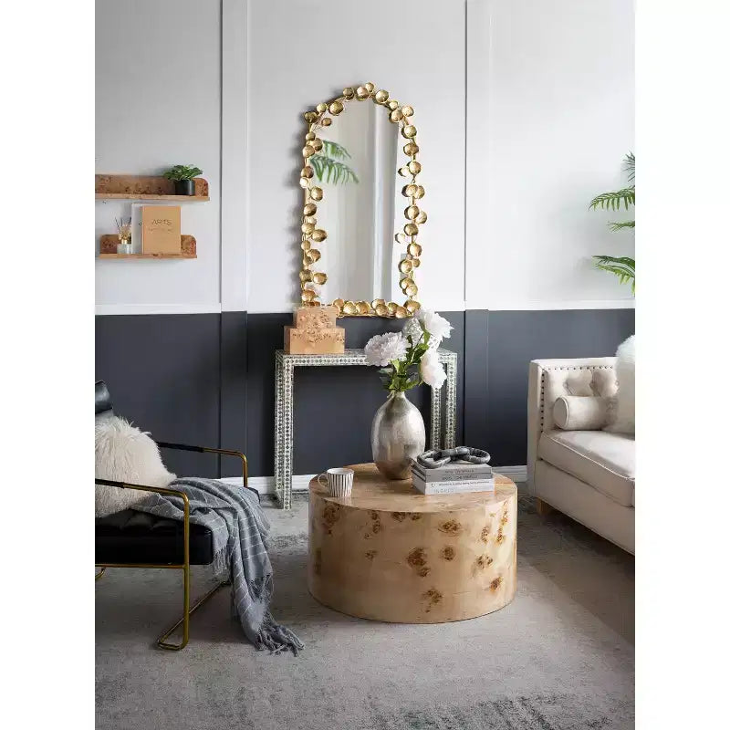 Miroir en pied arqué 130*74cm avec accents de feuilles dorées, miroir mural décoratif, miroir corporel pour salle de maquillage, magasin de vêtements, doré