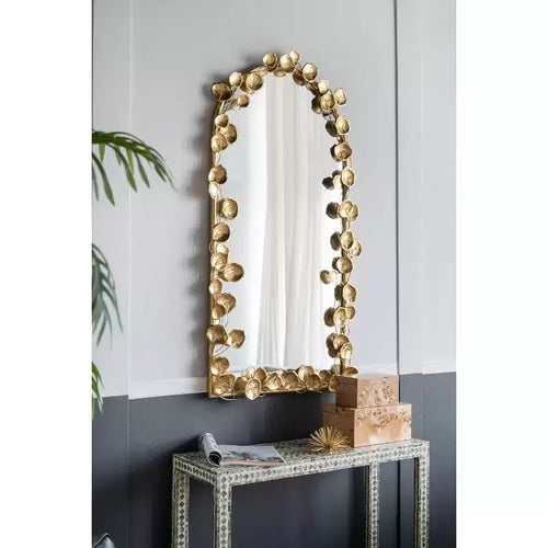 Miroir en pied arqué 130*74cm avec accents de feuilles dorées, miroir mural décoratif, miroir corporel pour salle de maquillage, magasin de vêtements, doré