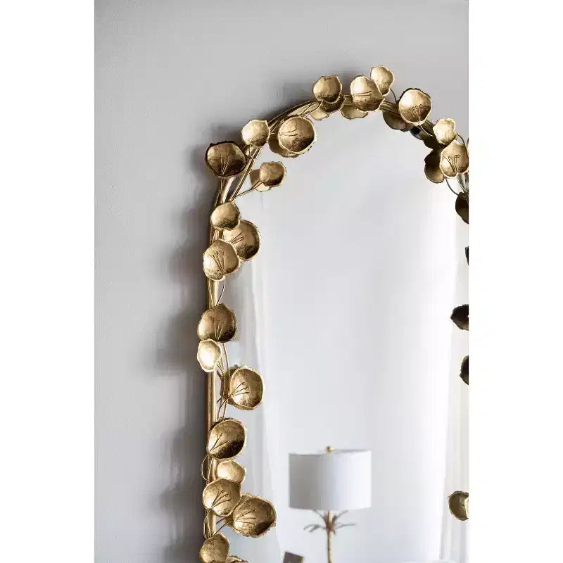Miroir en pied arqué 130*74cm avec accents de feuilles dorées, miroir mural décoratif, miroir corporel pour salle de maquillage, magasin de vêtements, doré