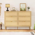 Rattan 6-Drawer Dresser - 42.5 Boho Chest w/ Gold Legs & Anti-Tip, Natural Finish for Bedroom & Living Room