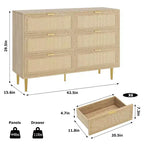 Commode en rotin à 6 tiroirs – Commode bohème de 108 cm avec pieds dorés et dispositif anti-basculement, finition naturelle pour chambre et salon