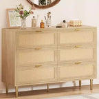 Commode en rotin à 6 tiroirs – Commode bohème de 108 cm avec pieds dorés et dispositif anti-basculement, finition naturelle pour chambre et salon