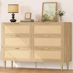 Commode en rotin à 6 tiroirs – Commode bohème de 108 cm avec pieds dorés et dispositif anti-basculement, finition naturelle pour chambre et salon