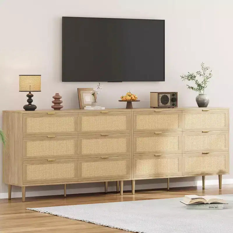 Commode en rotin à 6 tiroirs – Commode bohème de 108 cm avec pieds dorés et dispositif anti-basculement, finition naturelle pour chambre et salon