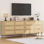 Commode en rotin à 6 tiroirs – Commode bohème de 108 cm avec pieds dorés et dispositif anti-basculement, finition naturelle pour chambre et salon